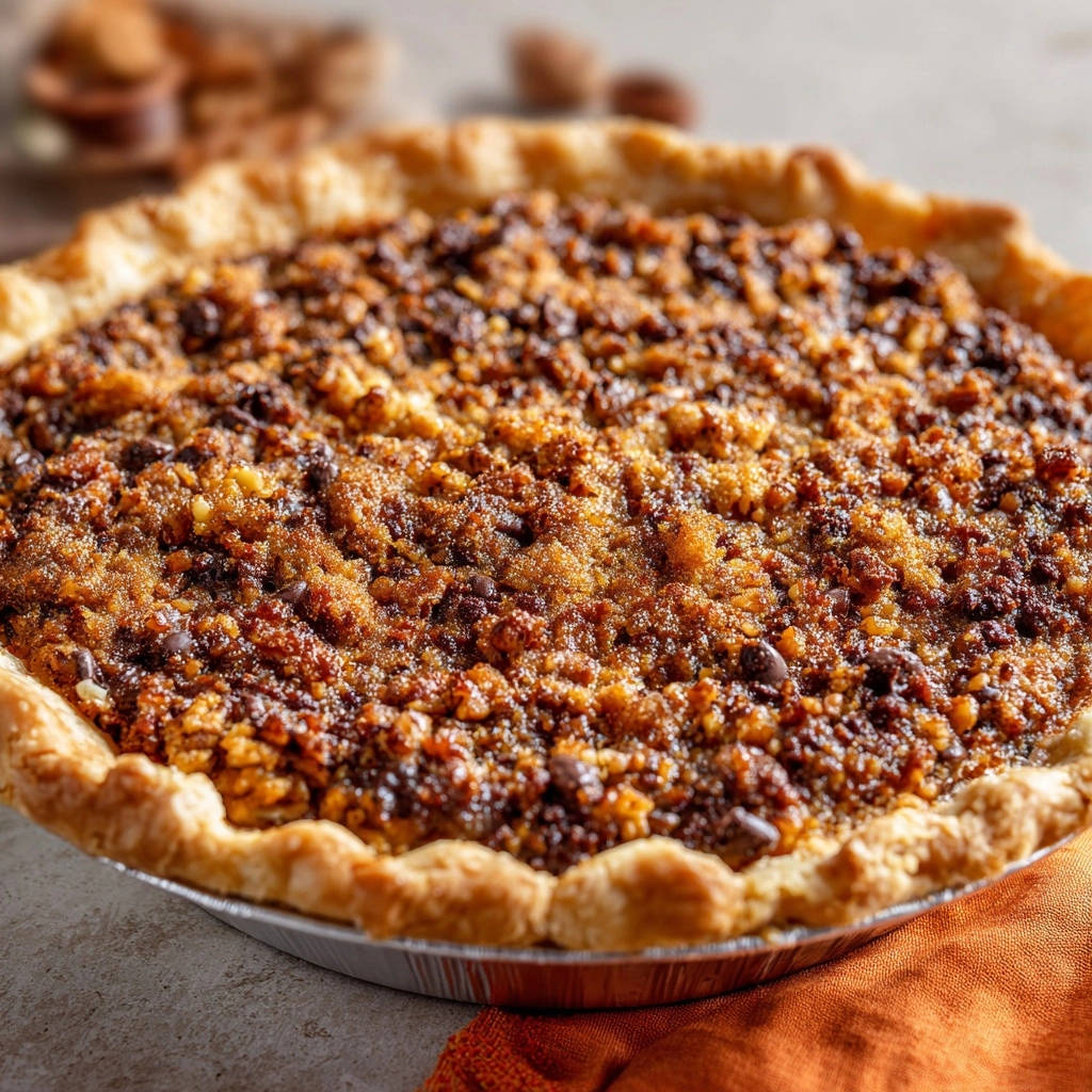 Chocolate walnut crumble pie showing the textured topping and golden crust, with chocolate chips visible.