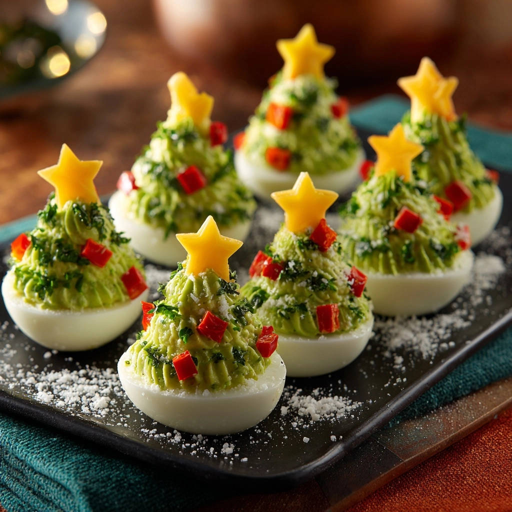 Christmas tree deviled eggs arranged festively on a black platter, garnished with red pepper and cheese stars.