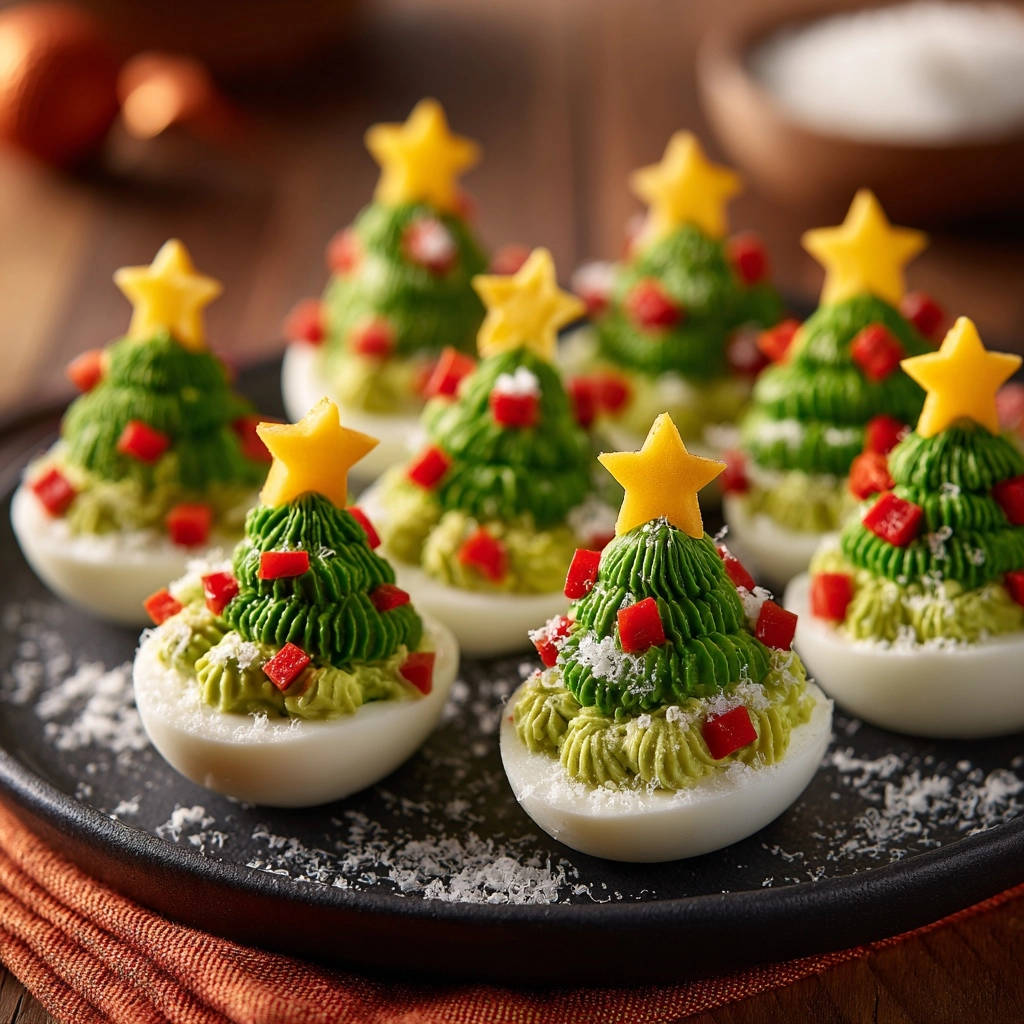 Christmas Tree Deviled Eggs, a festive appetizer, are arranged on a dark platter with a sprinkle of white garnish.