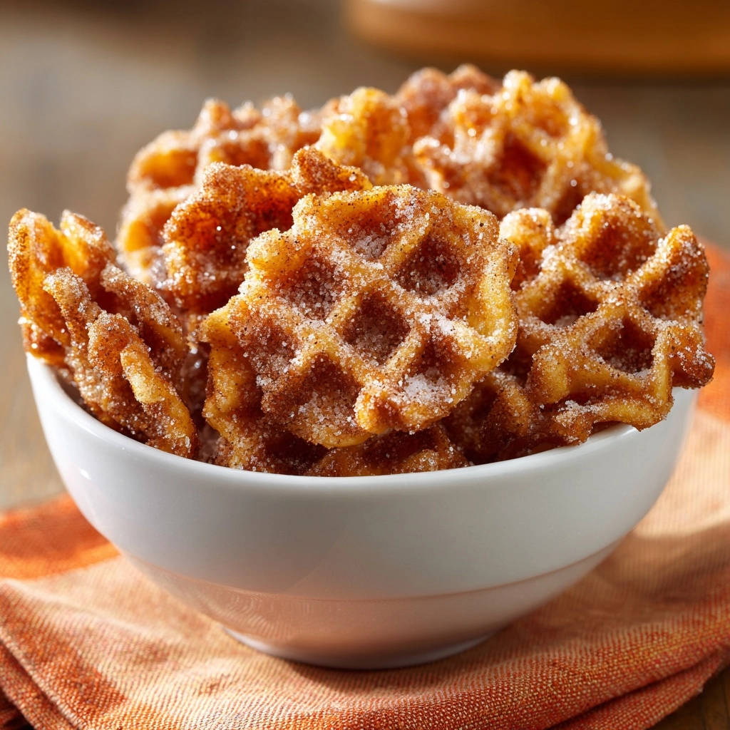 Cinnamon sugar waffle bites piled high in a white bowl, showcasing their textured surface and sweet cinnamon-sugar coating.