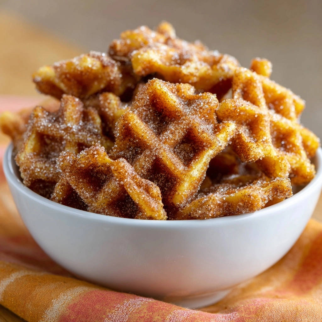 Cinnamon sugar waffle bites piled high in a white bowl, showcasing their glistening sugar and cinnamon coating.
