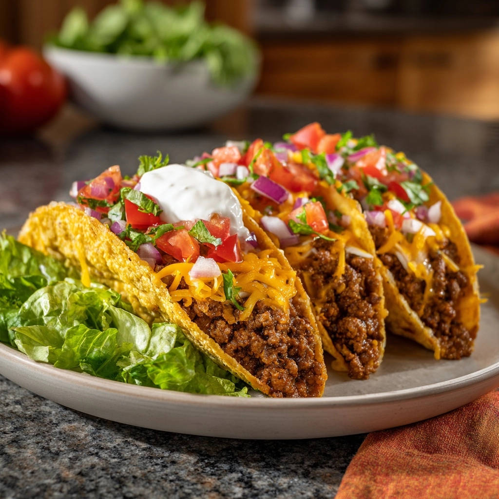 Classic beef tacos plated with a dollop of sour cream and fresh toppings, served on a bed of lettuce.