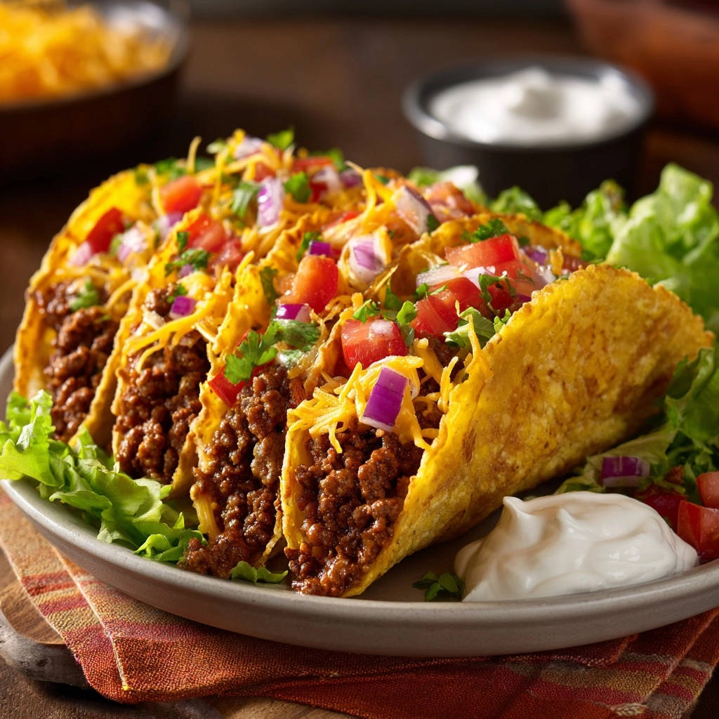 Classic beef tacos with a dollop of sour cream in a close-up side view on a plate.