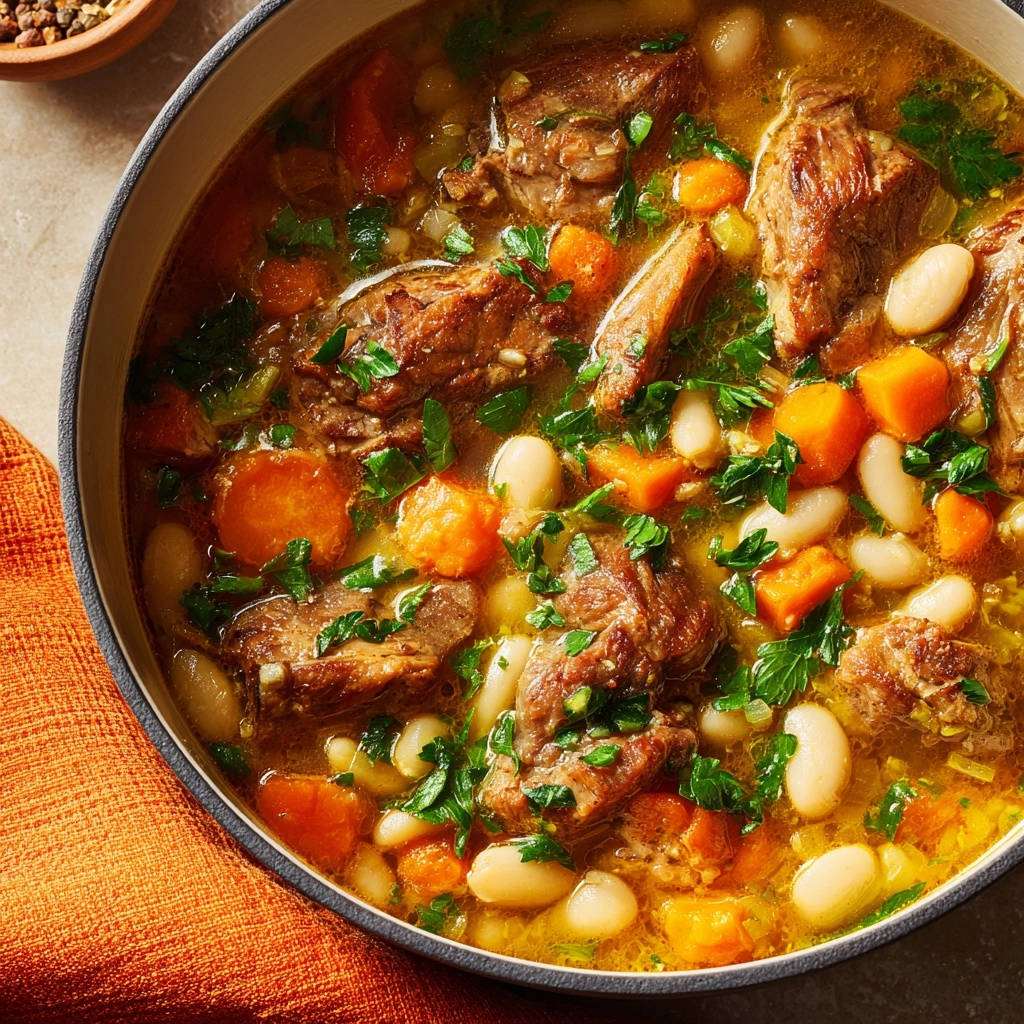 Classic beef & white bean stew shown in a pot, featuring tender meat, carrots, and beans with fresh parsley garnish.