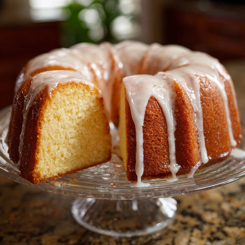 Classic bundt cake cross-section with thick white glaze dripping down the sides, showing its moist interior.