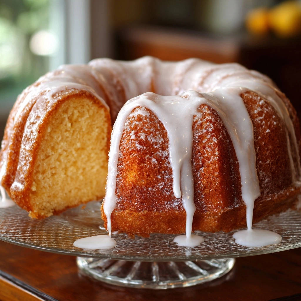Classic Bundt Cake with a slice cut out and drizzled with white glaze on a clear cake stand.