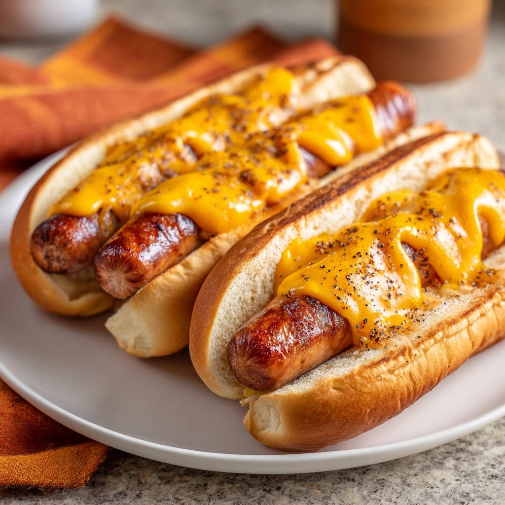Classic cheese dogs with melted cheddar and black pepper shown close-up on a white plate.