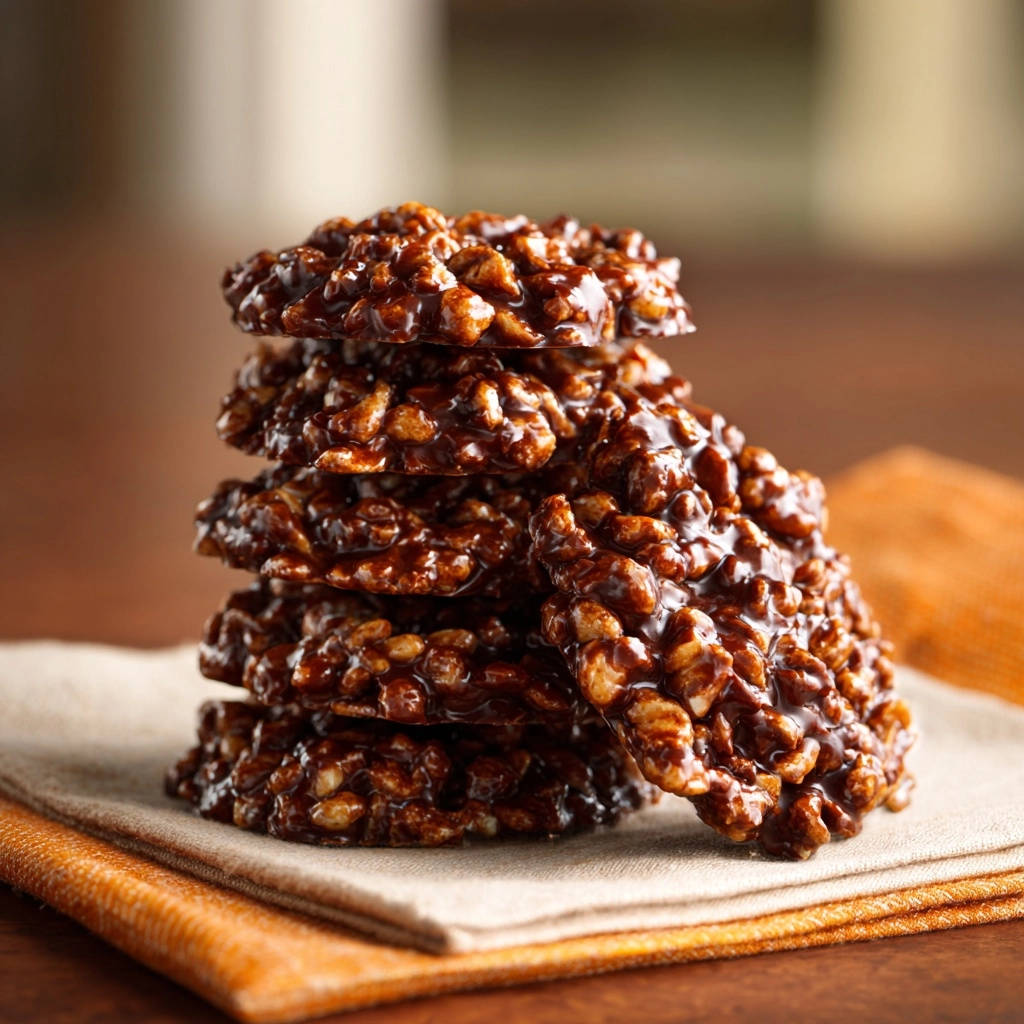 Classic Chocolate Cereal No-Bakes stacked neatly on a textured napkin, showcasing their glossy texture.