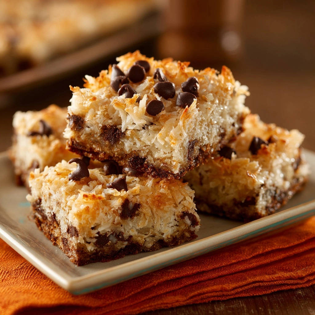 Classic coconut chocolate bars stacked closely on a plate, showcasing their layered texture and chocolate chip topping.