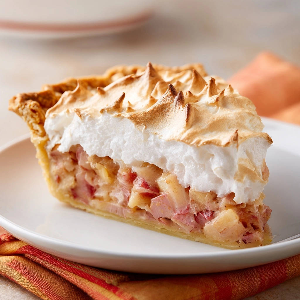 Classic Rhubarb Meringue Pie slice showing a cross-section of the tart filling and fluffy toasted meringue topping.