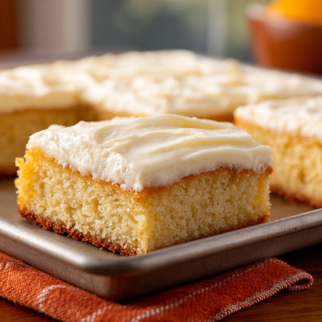 Classic vanilla sheet cake cross-section showing its fluffy interior and thick white frosting.