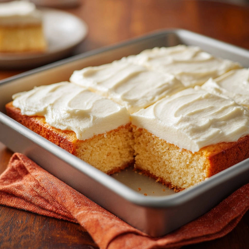 Classic vanilla sheet cake sliced in a baking pan, showcasing its fluffy texture and white frosting.