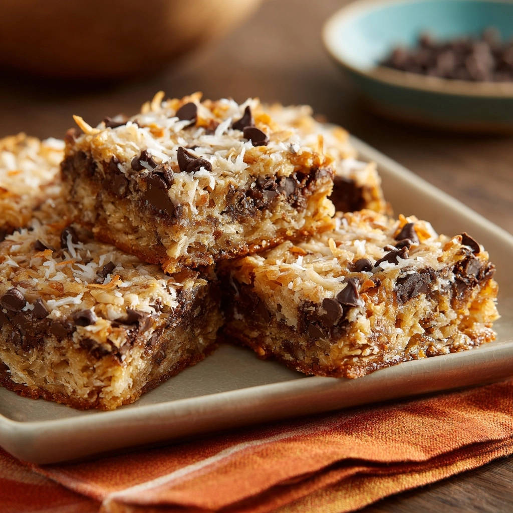 Classic coconut chocolate bars showing a close-up cross-section with layers of coconut and chocolate chips.