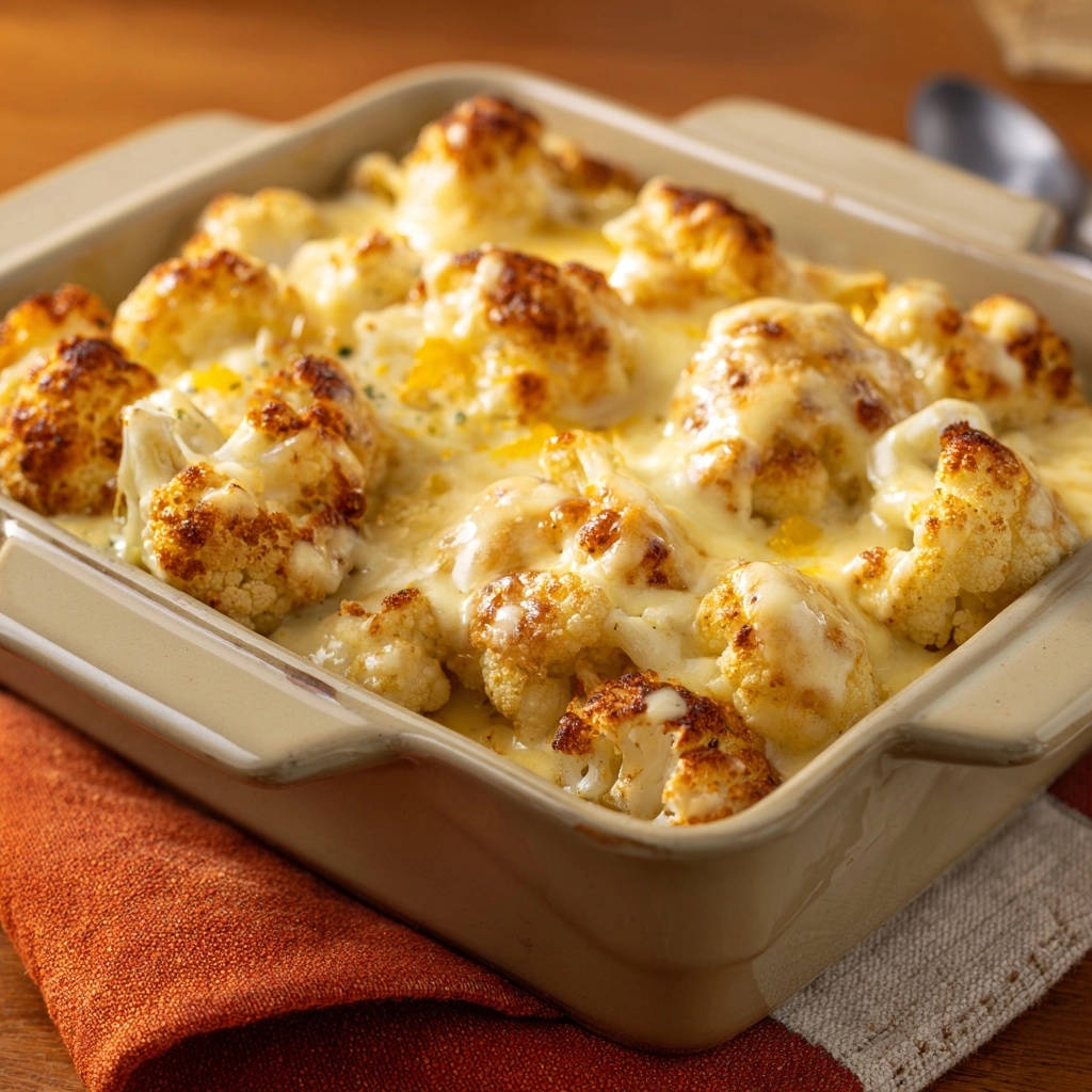 Creamy baked cauliflower in a baking dish, showing a close-up of the cheesy, golden-brown florets.