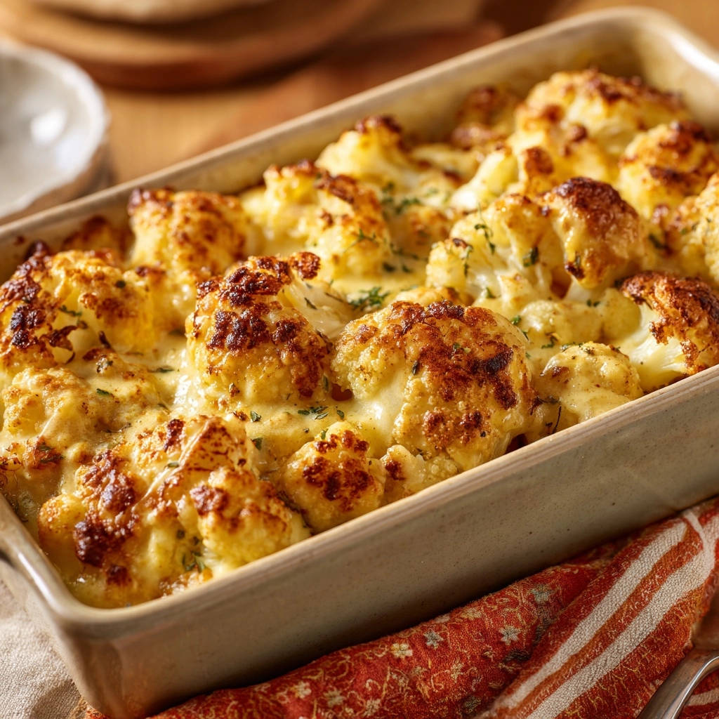 Creamy baked cauliflower with a golden-brown topping, baked in a rectangular dish.