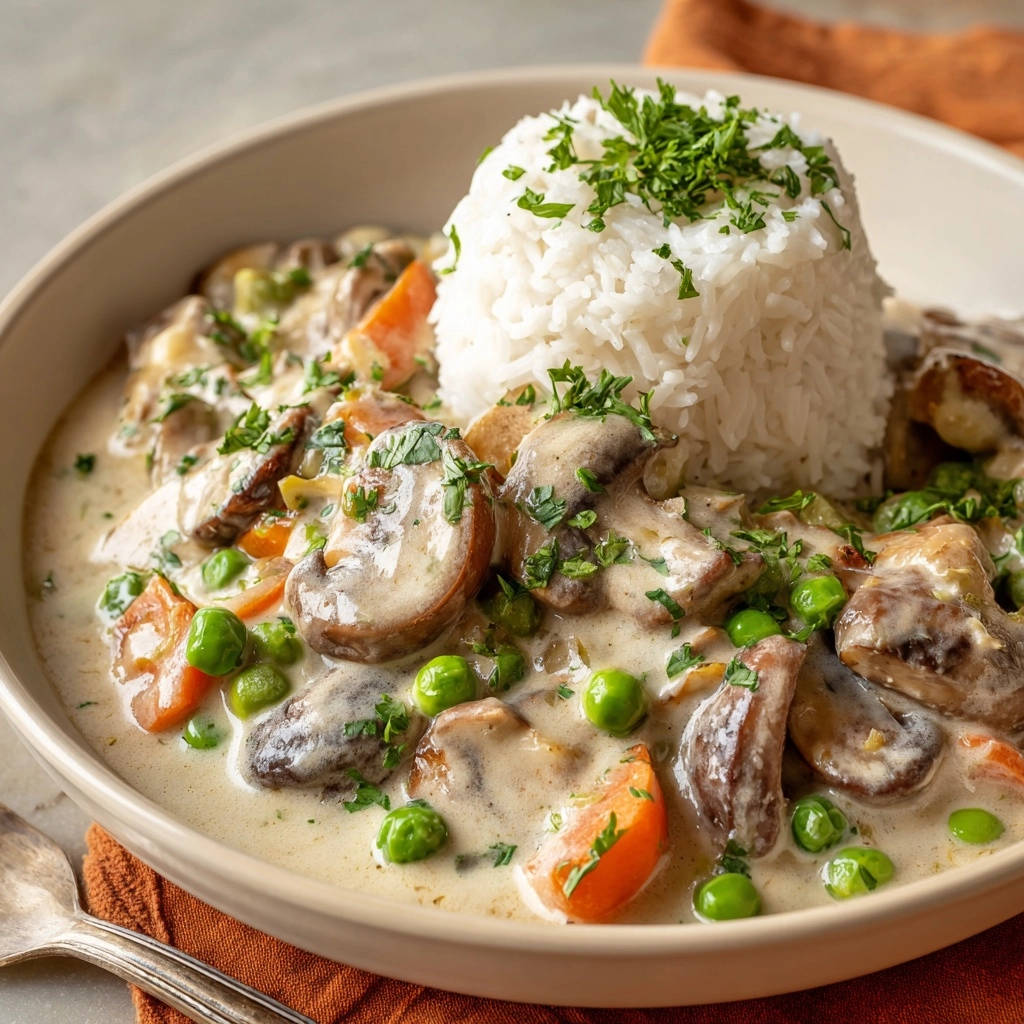 Creamy chicken and mushroom fricassee served in a bowl with rice and garnished with parsley.