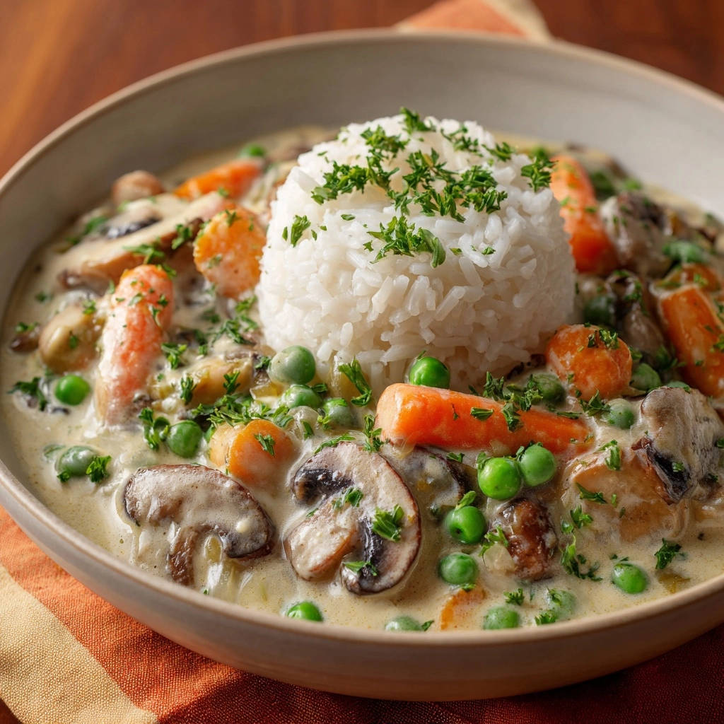 Creamy Chicken & Mushroom Fricassee served in a bowl with a generous portion of rice and garnished with parsley.