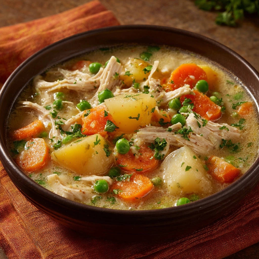 Creamy chicken & veggie stew shown in a close-up view within a dark bowl, featuring tender chicken, potatoes, carrots, and peas.