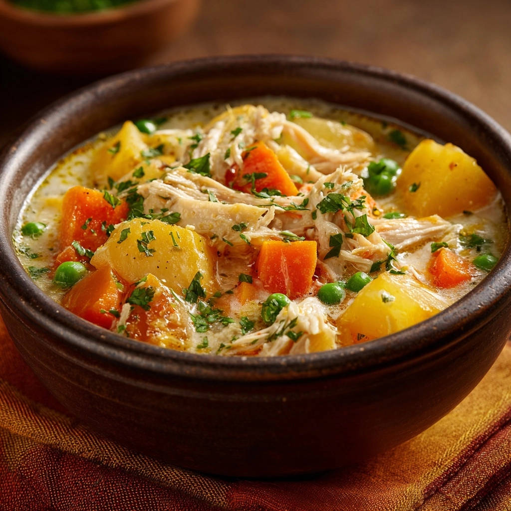Creamy chicken & veggie stew in a rustic bowl, featuring tender chicken, potatoes, carrots, and peas, garnished with fresh parsley.