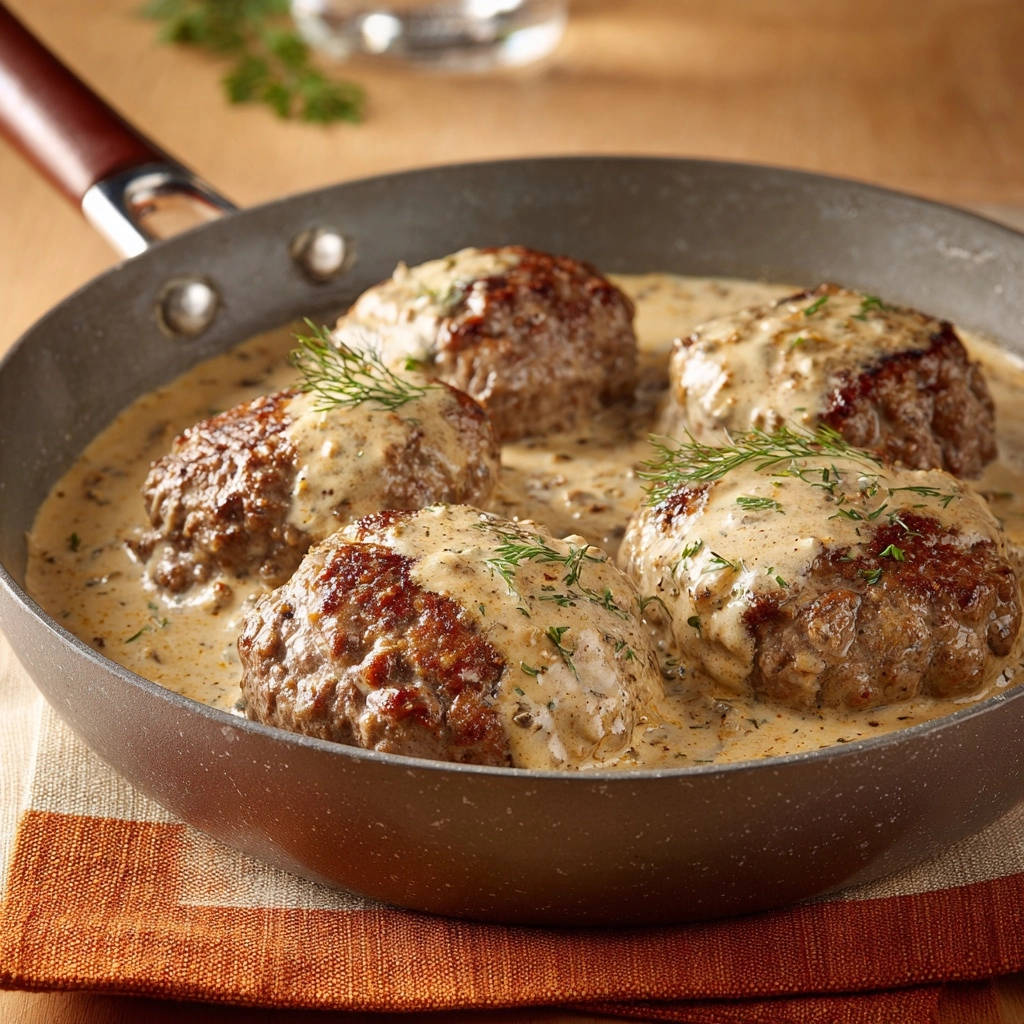 Creamy dill patties served in a rich sauce in a cast-iron skillet, garnished with fresh dill.