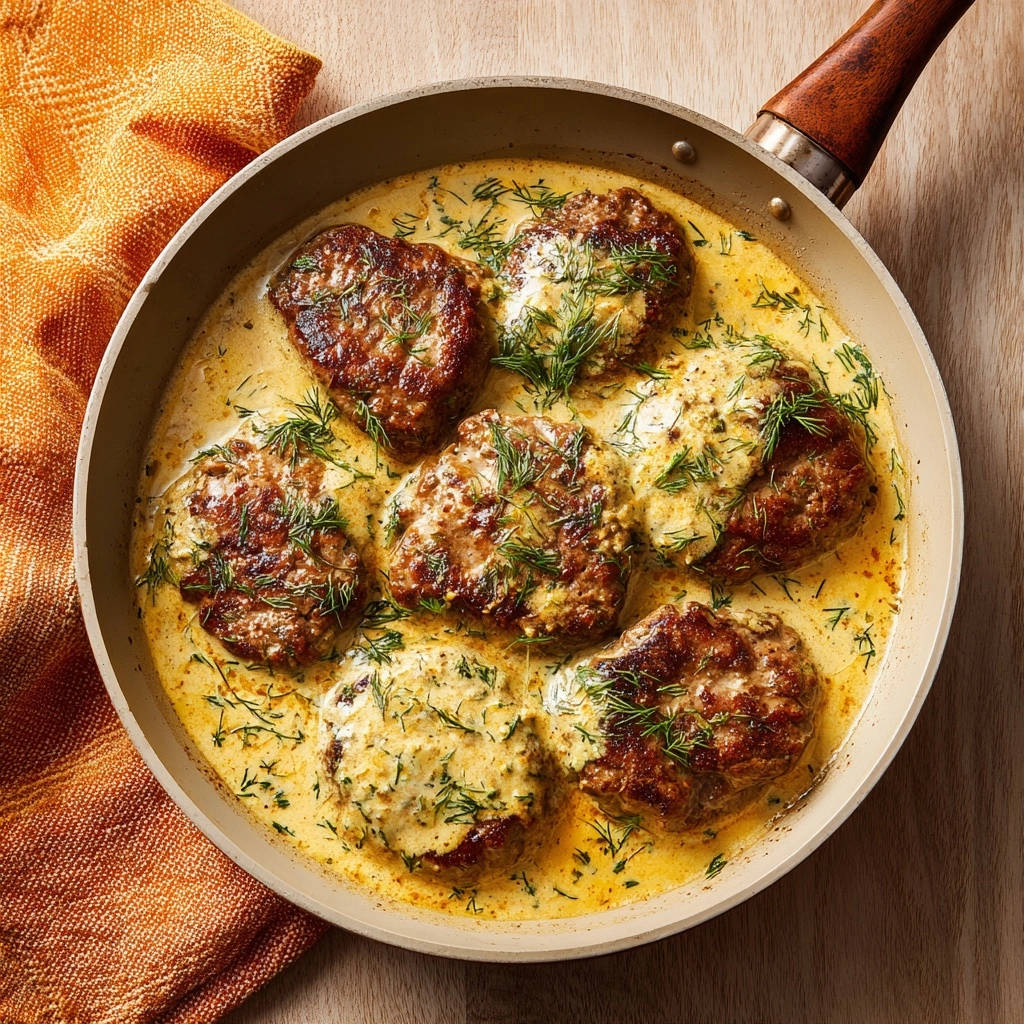 Creamy dill patties in a skillet with rich sauce and fresh dill garnish, viewed from above.