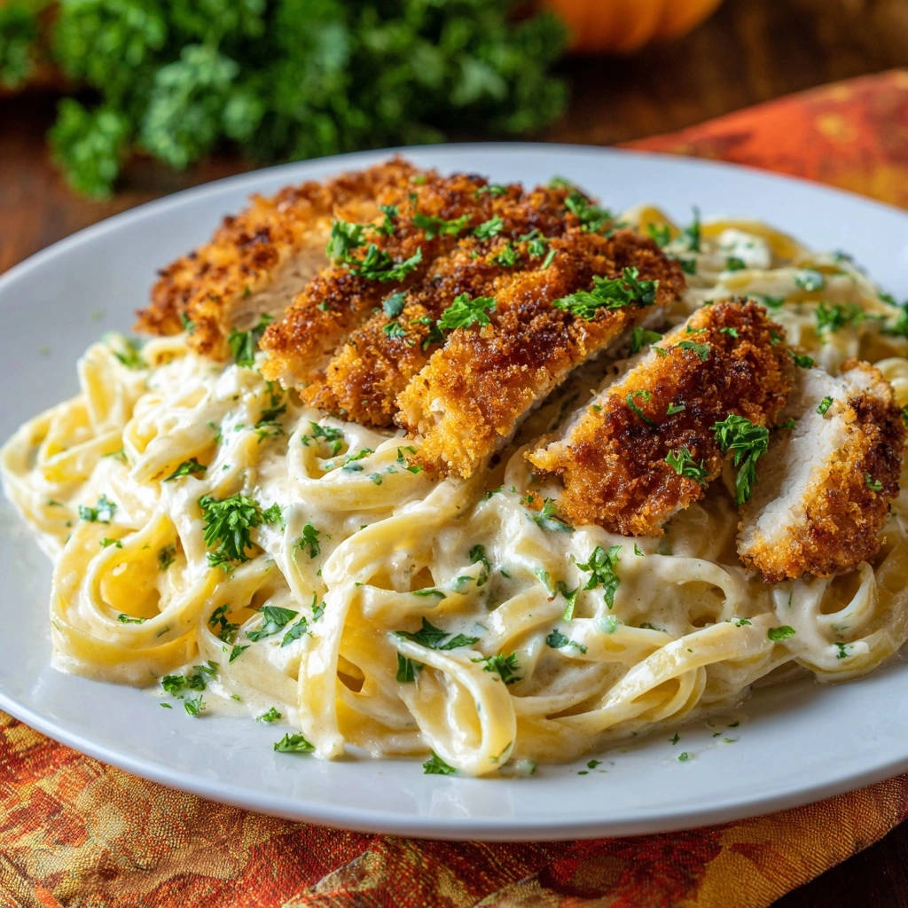 Creamy fettuccine with crispy chicken showcasing sliced portions on a white plate.