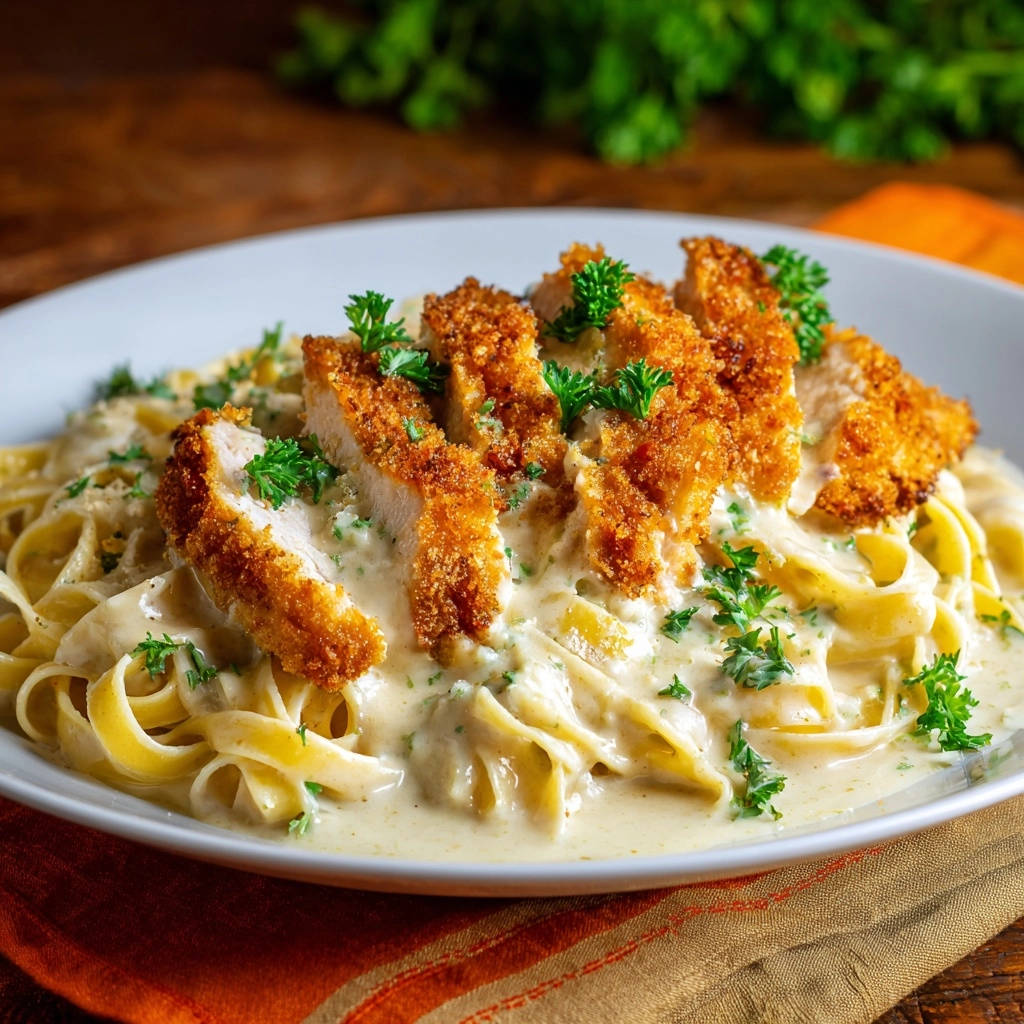 Creamy fettuccine with crispy chicken, sliced and garnished with fresh parsley on a white plate.