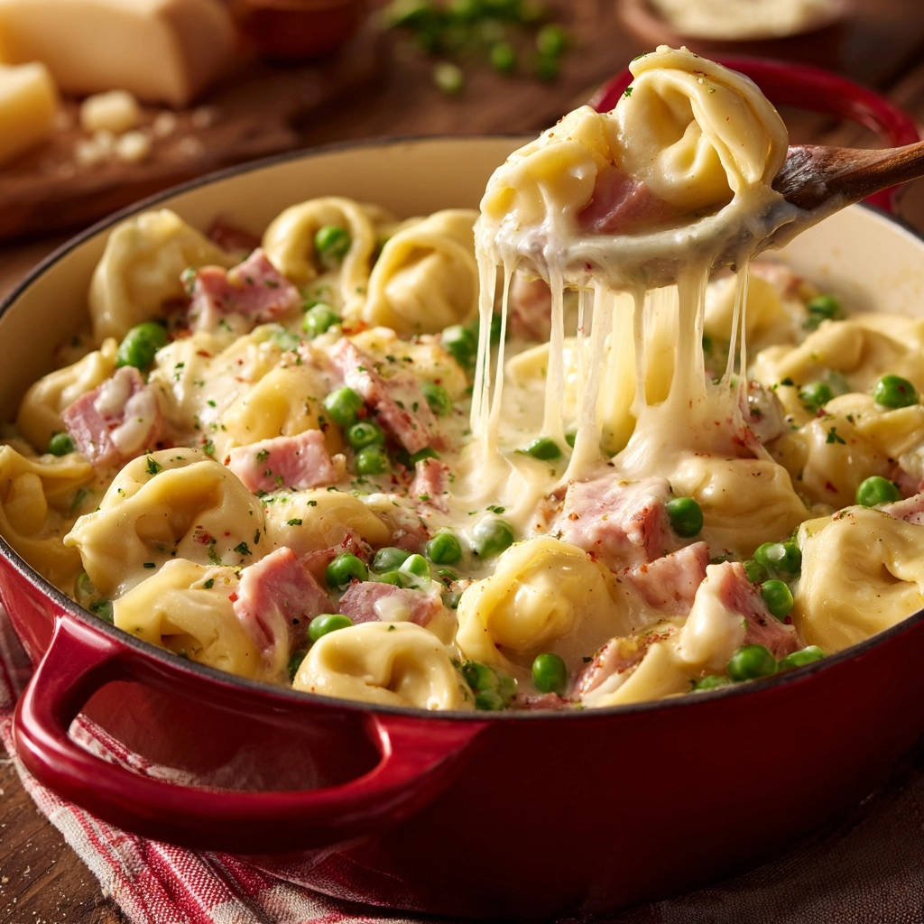 Creamy ham and pea tortellini in a red pot, with a spoonful showing a cheesy pull of tortellini.