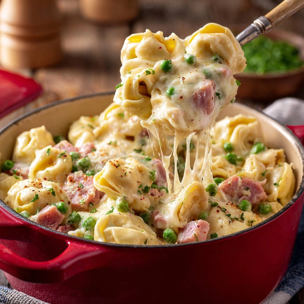 Creamy ham and pea tortellini being lifted from a red pot with a cheesy pull.