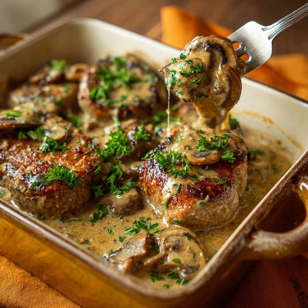 Creamy mushroom chicken medallions served in a dish, with one medallion lifted on a fork.