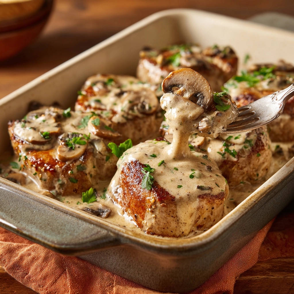 Creamy mushroom chicken medallions being lifted on a fork, showcasing the rich sauce and tender meat.