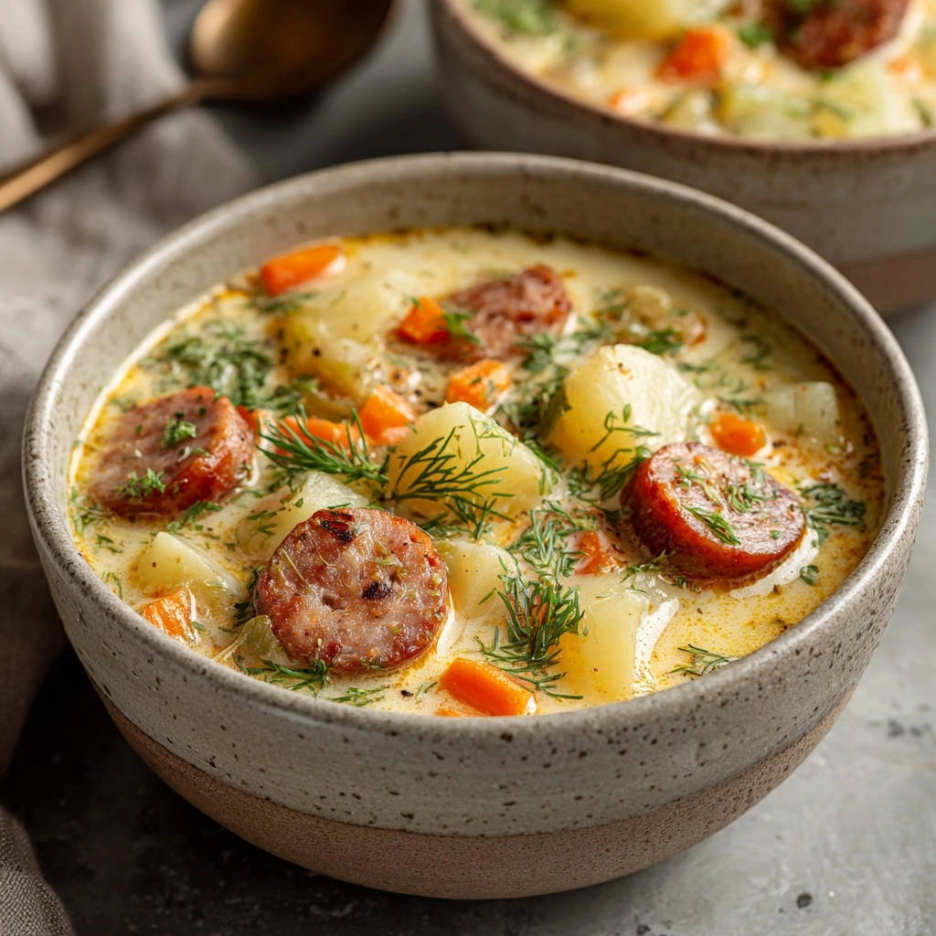 Creamy smoked sausage and potato soup in a rustic bowl, showcasing hearty chunks of potato, sausage, and fresh dill.
