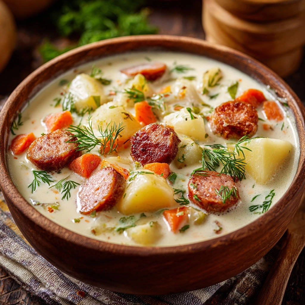 Creamy smoked sausage and potato soup presented in a rustic wooden bowl, with a close-up view of sausage slices and potatoes.