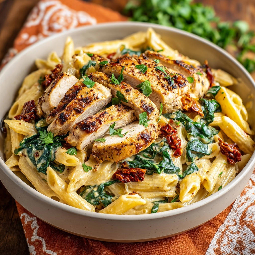 Creamy sun-dried tomato chicken pasta with penne, spinach, and sliced grilled chicken, shown in a close-up overhead view.
