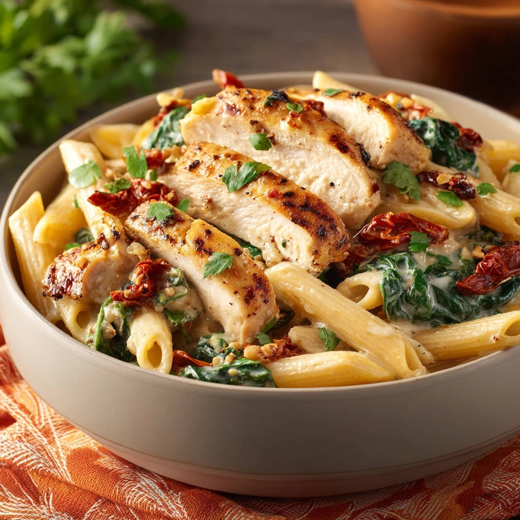 Creamy sun-dried tomato chicken pasta featuring sliced grilled chicken breast on top of penne pasta and spinach.