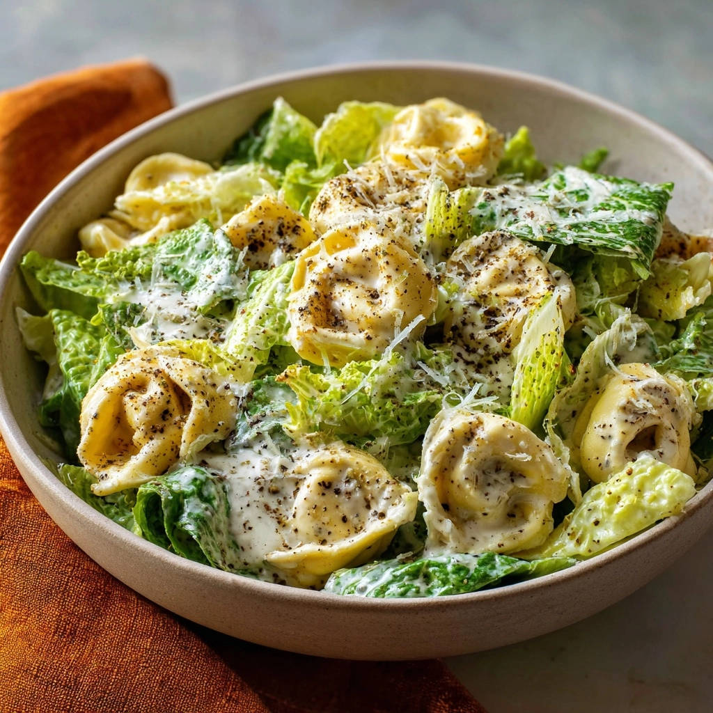 Creamy tortellini salad featuring pasta and romaine lettuce tossed in dressing, served in a bowl.