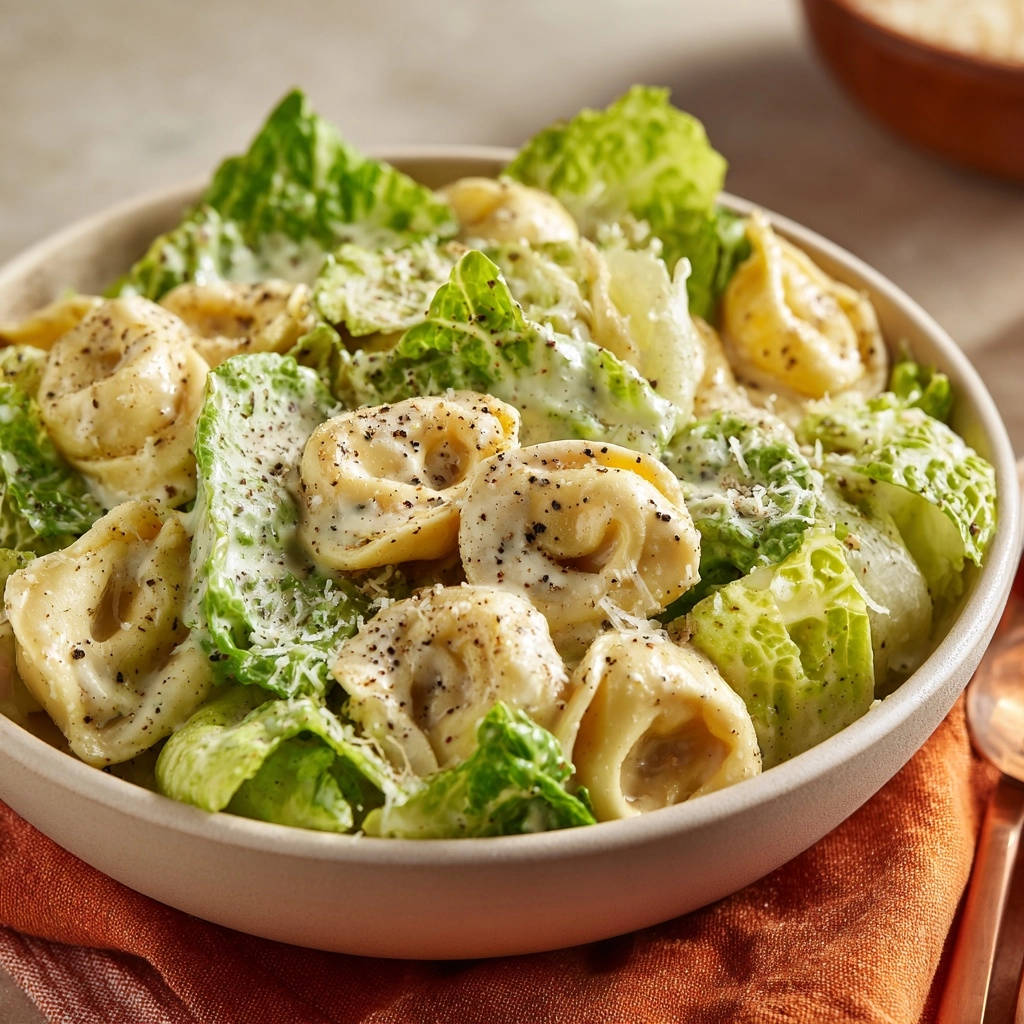 Creamy tortellini salad with romaine lettuce and a rich dressing, shown in a close-up view.