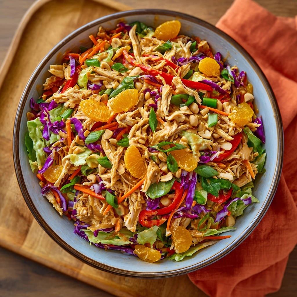 Crisp Asian chicken salad in a bowl, featuring shredded chicken, cabbage, carrots, and orange slices, viewed from directly above.