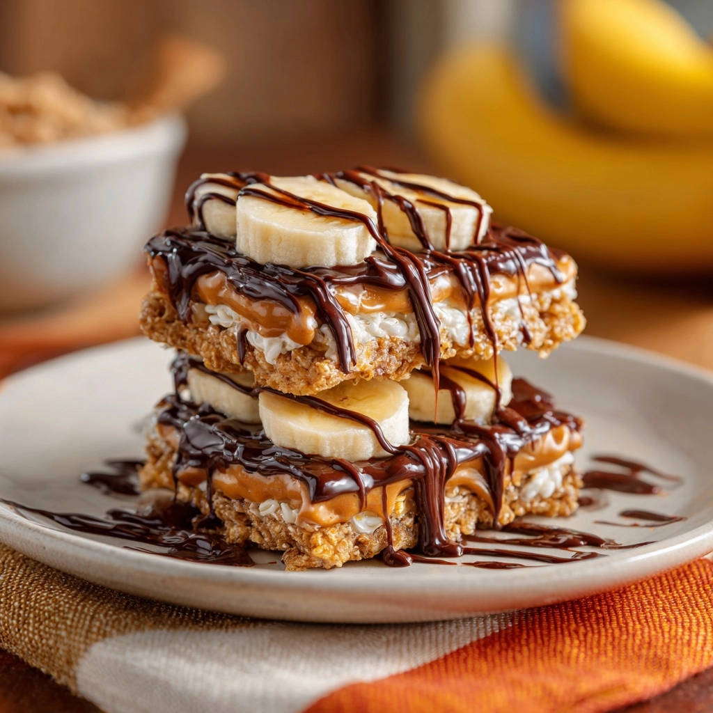 Crispy banana peanut butter stack is shown here in a detailed close-up view, showcasing layers of banana slices, peanut butter, and chocolate drizzle.