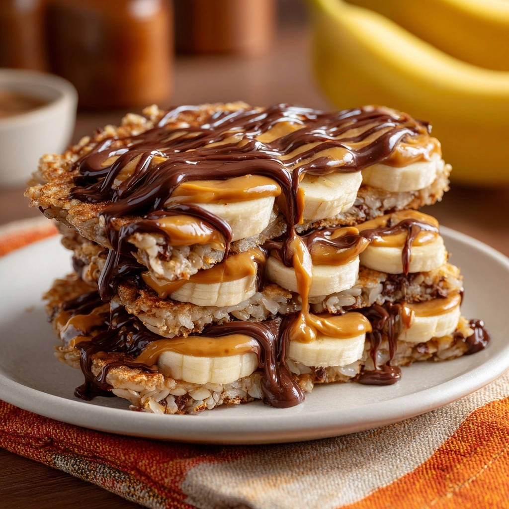 Crispy banana peanut butter stack with abundant chocolate and peanut butter glaze drizzled over the top.