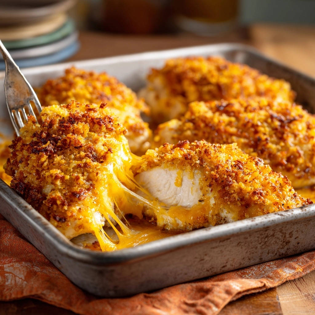 Crispy cheesy baked chicken with a gooey cheese pull being lifted by a fork from a baking pan.