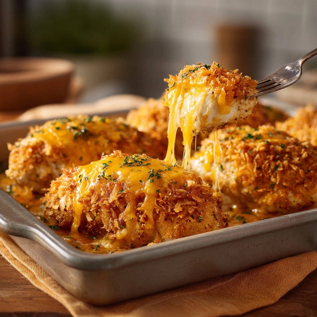 Crispy cheesy baked chicken with a fork pulling a piece showing a satisfying cheese pull.