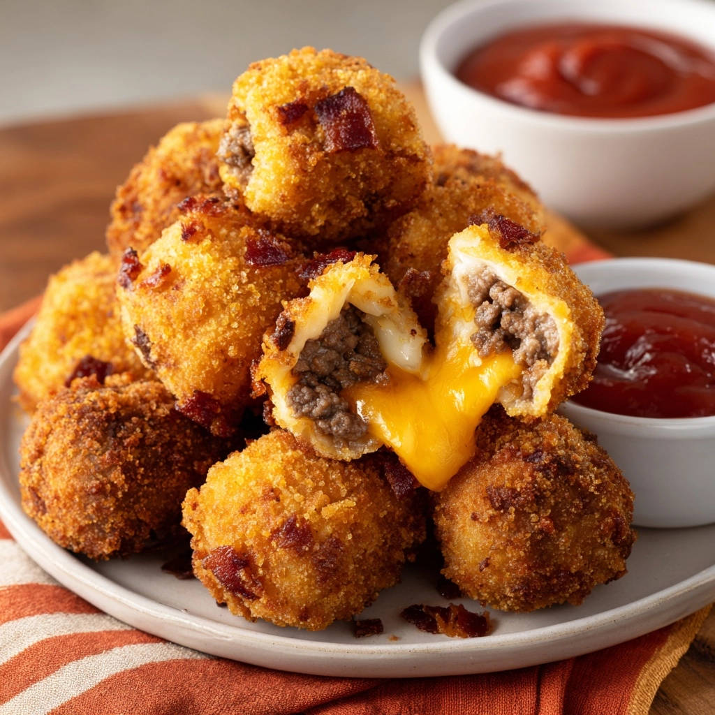 Crispy cheesy meat bites shown in a close-up cross-section revealing a gooey cheese and beef-filled interior.