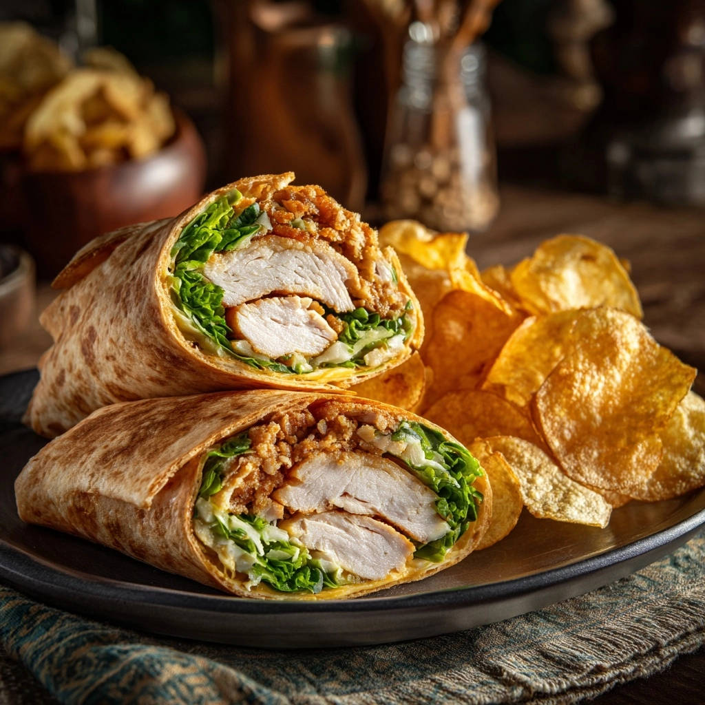 Ultimate Crispy Chicken Wrap shown in a close-up cross-section, revealing layers of chicken and lettuce.