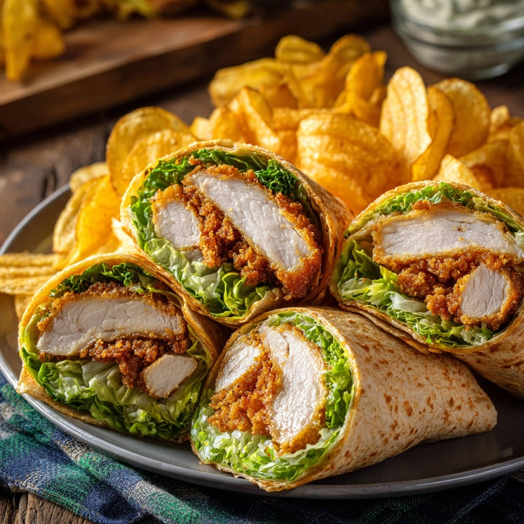 Ultimate crispy chicken wrap shown in a close-up cross-section revealing the tender chicken and fresh lettuce.