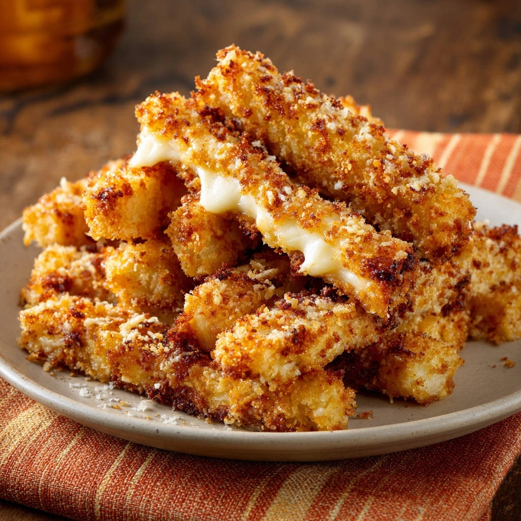Crispy mozzarella sticks with a close-up view of the gooey, melted cheese interior cross-section.
