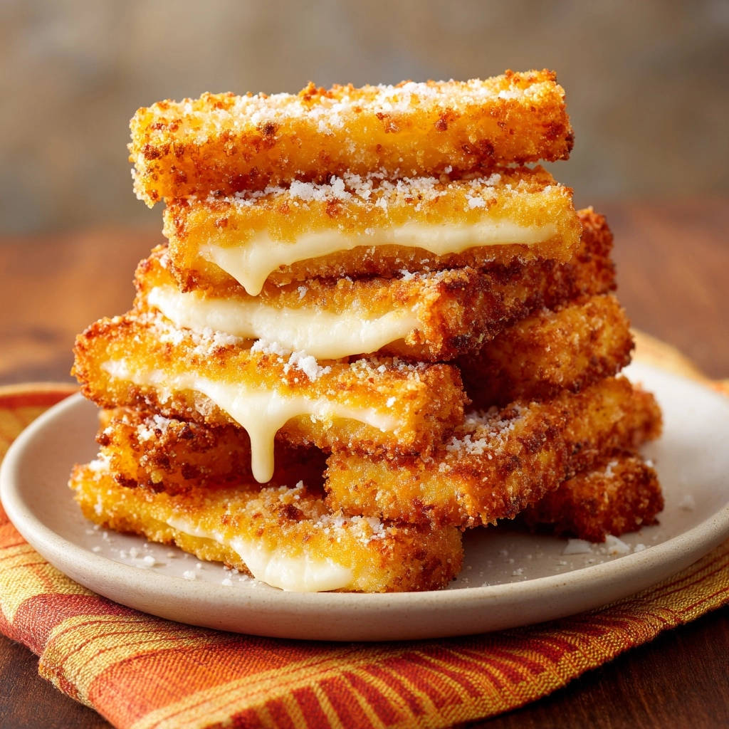 Crispy mozzarella sticks stacked on a plate, showcasing the gooey, melted cheese dripping between each piece.