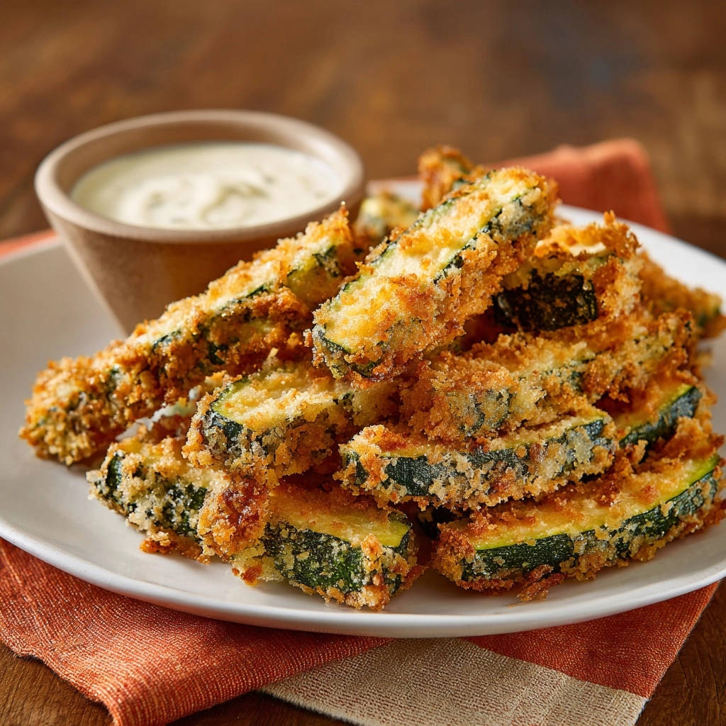 Crispy zucchini fries are piled high on a white plate, showcasing their golden-brown coating and served with a dipping sauce.