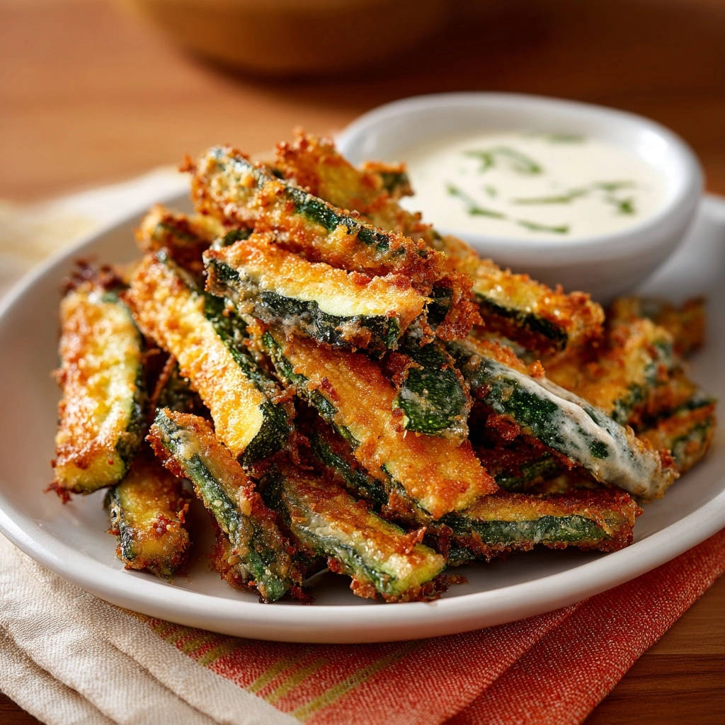 Crispy zucchini fries piled high on a plate with a creamy dipping sauce in a small bowl.