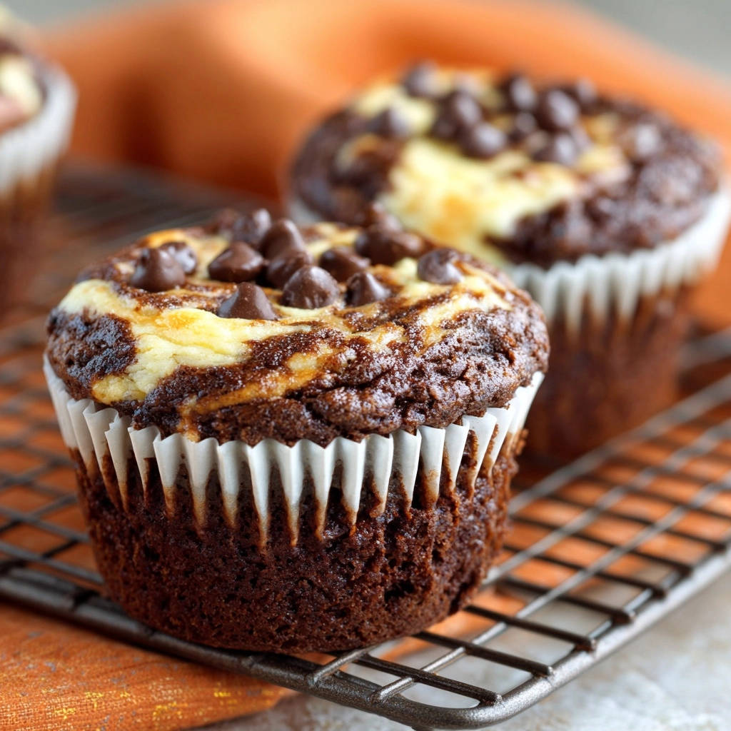 Double Chocolate Cream Cheese Swirl Muffins cooling on a wire rack, showcasing their rich texture and chocolate chip topping.